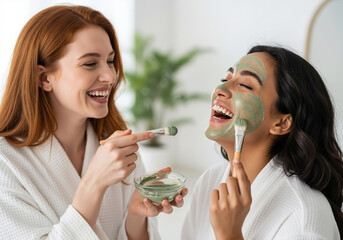 Joyful multiethnic friends laughing while applying a green clay facial mask during a home spa beauty treatment