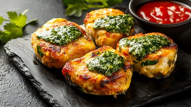 Traditional mexican memela with green and red sauce on dark background