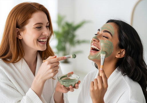 Joyful multiethnic friends laughing while applying a green clay facial mask during a home spa beauty treatment
