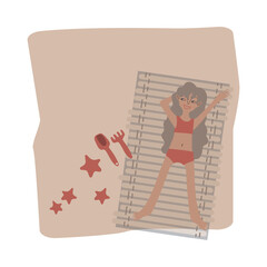 Tanned girl with curly hair sunbathing on the sand. Square scene. Vector illustration for advertising, poster, postcard or brochure about tourist complex or resort.