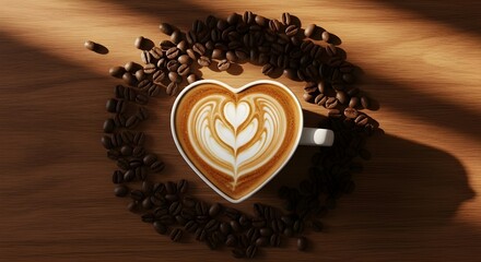 Heart shaped latte art with coffee beans on wooden background