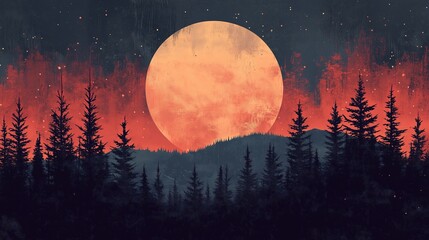 Naklejka premium Moonlit Forest Silhouette with Grunge Texture and Red Gradient Sky