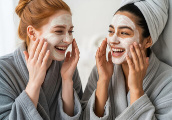 Two happy multiethnic women laughing while applying cosmetic face masks in bathrobes, enjoying a home spa day together