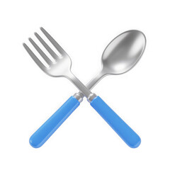3d illustration of a shiny metal fork and spoon with blue handles are crossed and isolated on a transparent background, representing dining and kitchen essentials