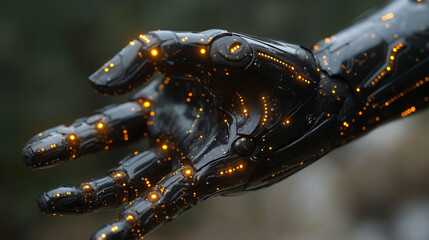 Futuristic robotic hand with glowing circuits. Advanced artificial limb concept showcasing cybernetic technology and futuristic human-machine interface.