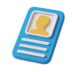 3d illustration of blue identification card with a yellow silhouette of a persons head and shoulders, isolated on transparent background