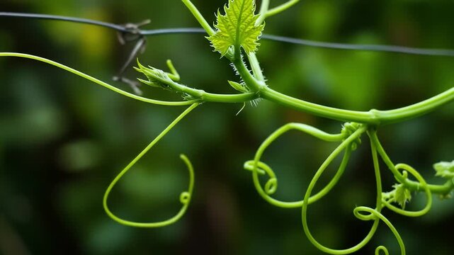 Vine tendril curling around wire in garden