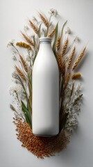 Blank white bottle surrounded by wheat, flowers, and grains