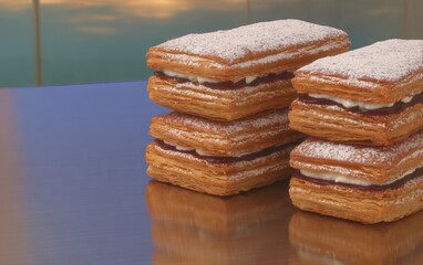 Stacked pastries with cream filling