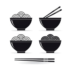 Four bowls of noodles with chopsticks isolated on white background