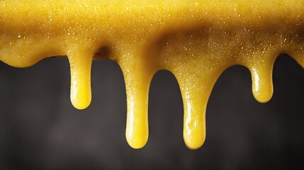 Dripping, golden-yellow liquid, close-up