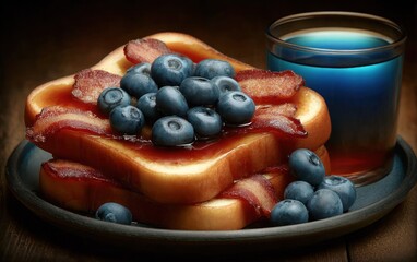 Stacked toast with blueberries, bacon, and a drink