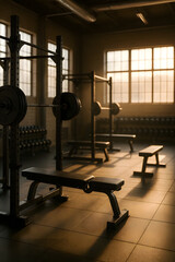 Obraz premium Cinematic industrial gym interior with weightlifting equipment and golden hour sunlight through windows