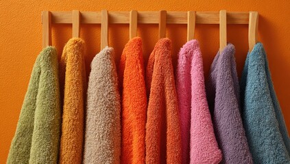 Colorful towels hanging on a wooden rack against an orange wall