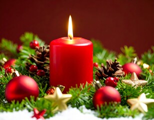 Cozy Christmas celebration with burning candles, festive ornaments, and pine branches