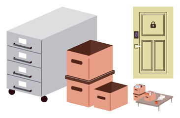 Metallic file cabinet, stacked cardboard boxes, secure locked door, documents on trays. Ideal for storage, security, document management, organization, office planning recordkeeping simple landing