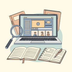 Online learning and distance education concept. Hand-drawn illustration of a laptop with a webinar, books, and study materials.