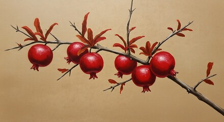 Crimson Pomegranate Branch: Oil Painting Still Life
