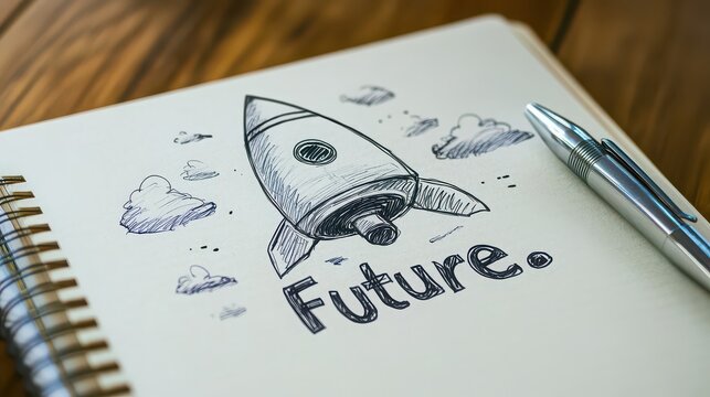 Rocket ship drawing with future text on a notebook with a pen on a wooden surface viewed from above