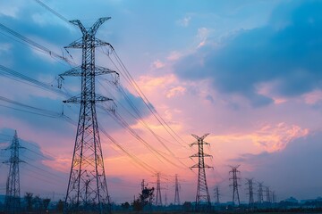 High-voltage power line with a black electric pylon against a sunset sky background. The sky has a blue and pink gradient with ample space for text, 