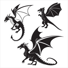 A black dragon silhouette with a fantasy design and heraldic symbol against a white background