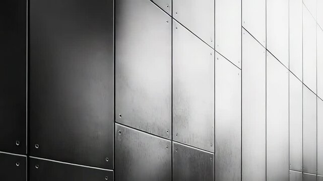 Modern building facade featuring metal panels and rivets in black and white
