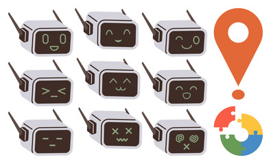 Nine robot heads showcase varied emotions and expressions. Includes a vibrant location marker and puzzle piece design. Ideal for robotics, AI, communication, emotions, mapping, teamwork