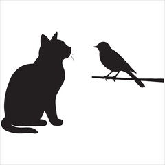 A silhouette vector illustration depicts a black cat looking at a bird