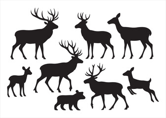 A vector illustration set of black animal silhouettes, including various deer, horses, dogs, and cats