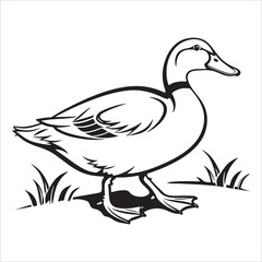 A cartoon duck with ducklings and geese swimming in water