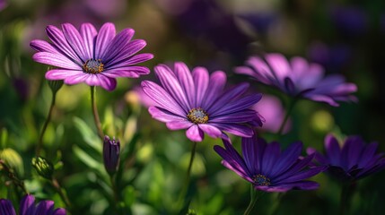 Obraz premium Close-up of vibrant purple daisies in sunlight
