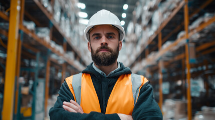 Man with an orange safety vest, a white hard hat, with his arms crossed, looking at the camera. He is inside a large warehouse.