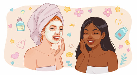 Two smiling women enjoying a spa day, one with a face mask and a towel on her head.