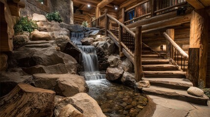 Naklejka premium Interior featuring a stone waterfall next to log stairs in a rustic cabin home