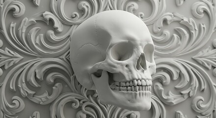 Serene Skull: 3D Render, Ornate Relief