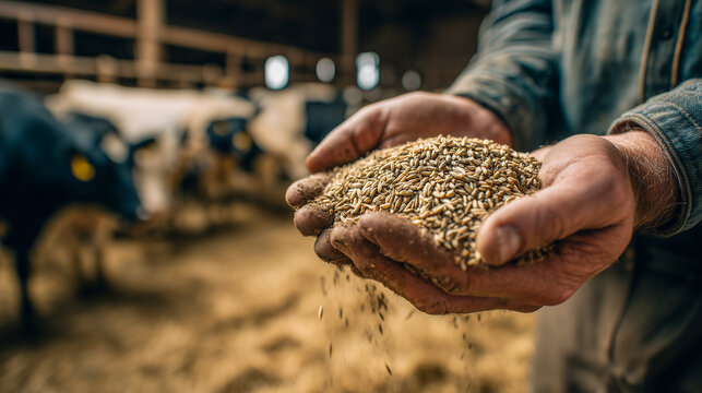 Farmer's hands holding grain in a farm barn with cows in the background. The grain is pouring out of his hands.