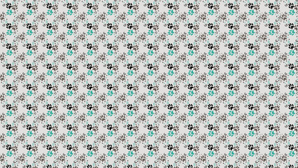 A repeating pattern of paw prints in black gray and teal on a light background with swirls design