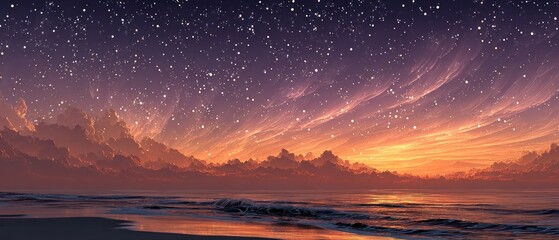 Starry sunset over the ocean