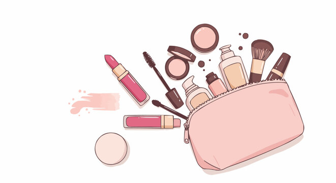 Feminine beauty and skincare concept with a collection of decorative cosmetics spilling from a pink accessory bag on a white background.