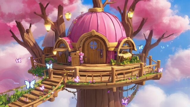 Charming treehouse in cherry blooms