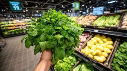 A fresh bunch of mint leaves held in hand at a supermarket produce section, with vegetables and greens displayed in the background.