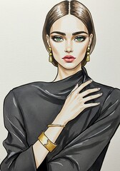 Elegant Fashion Illustration: Subtle Hues, Confident Gaze