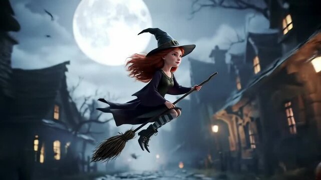 young witch flying on a broom across a haunted village lit by pumpkin lanterns and moonlight