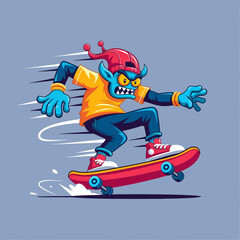 Obraz premium A fierce blue goblin monster with an angry expression skateboarding at high speed. Cartoon vector illustration of a character for urban street style.