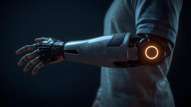 Close up of a person with a futuristic robotic arm