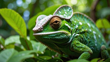 Fototapeta premium Green Chameleon in Tree with Closeup, Exotic Wildlife, and Nature.