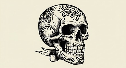 Ornate Skull: Black Ink Tattoo Art