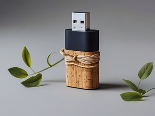 Eco-Friendly Cork USB Drive Flat Lay on Grey Background
