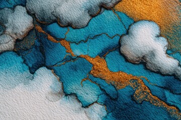 Abstract Watercolor Painting With Gold Glitter And Clouds
