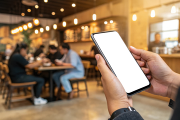 Person holding a smartphone in a busy coffee shop